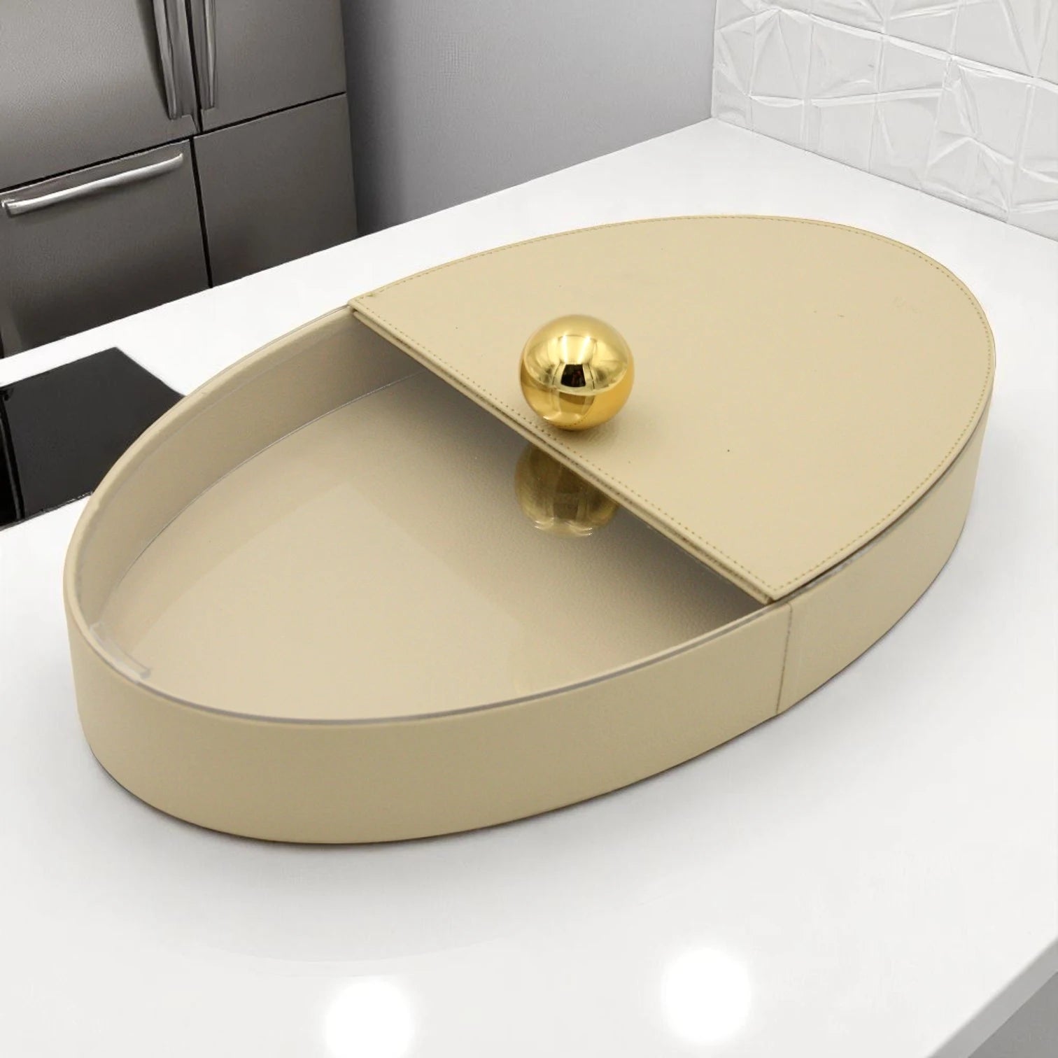 Elegant Beige Oval Leather Tray with Gold Accent – Decorative Storage Tray with Lid for Jewelry, Keys, or Vanity Display - Damoo
