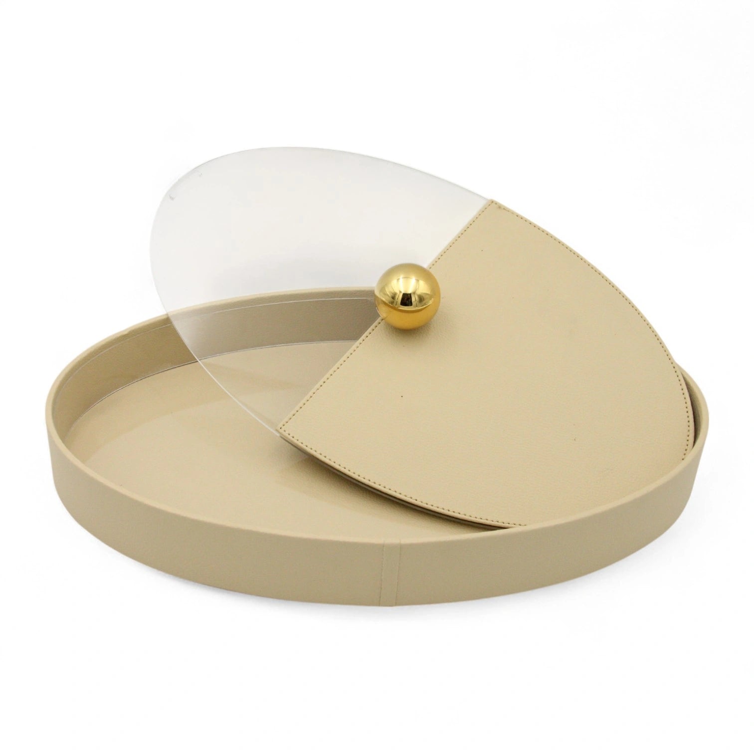 Elegant Beige Oval Leather Tray with Gold Accent – Decorative Storage Tray with Lid for Jewelry, Keys, or Vanity Display - Damoo
