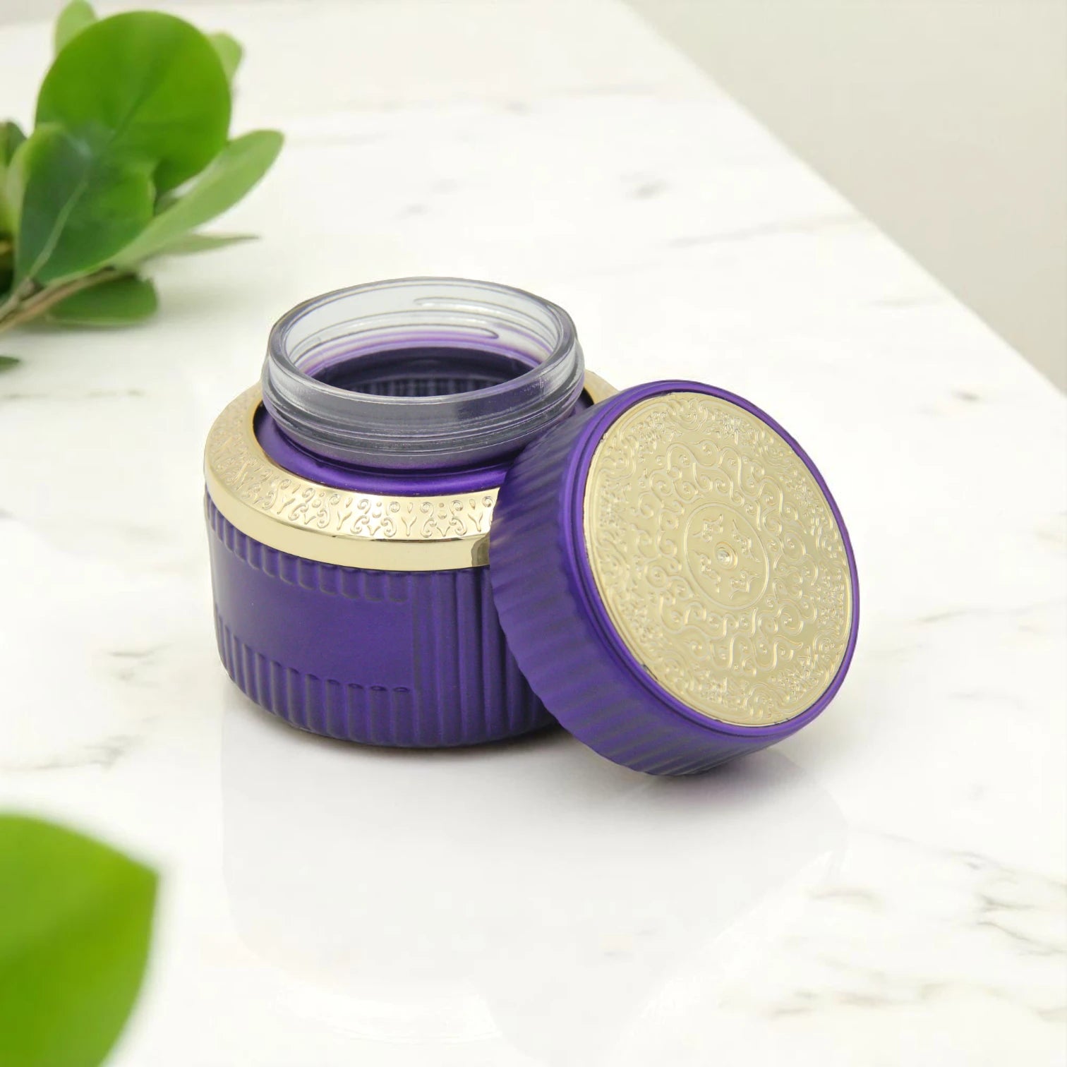 Elegant Empty Bakhoor Storage Jar 200ML – Deep Purple Glass with Gold Lid & Unique Gold Pattern Design - Damoo