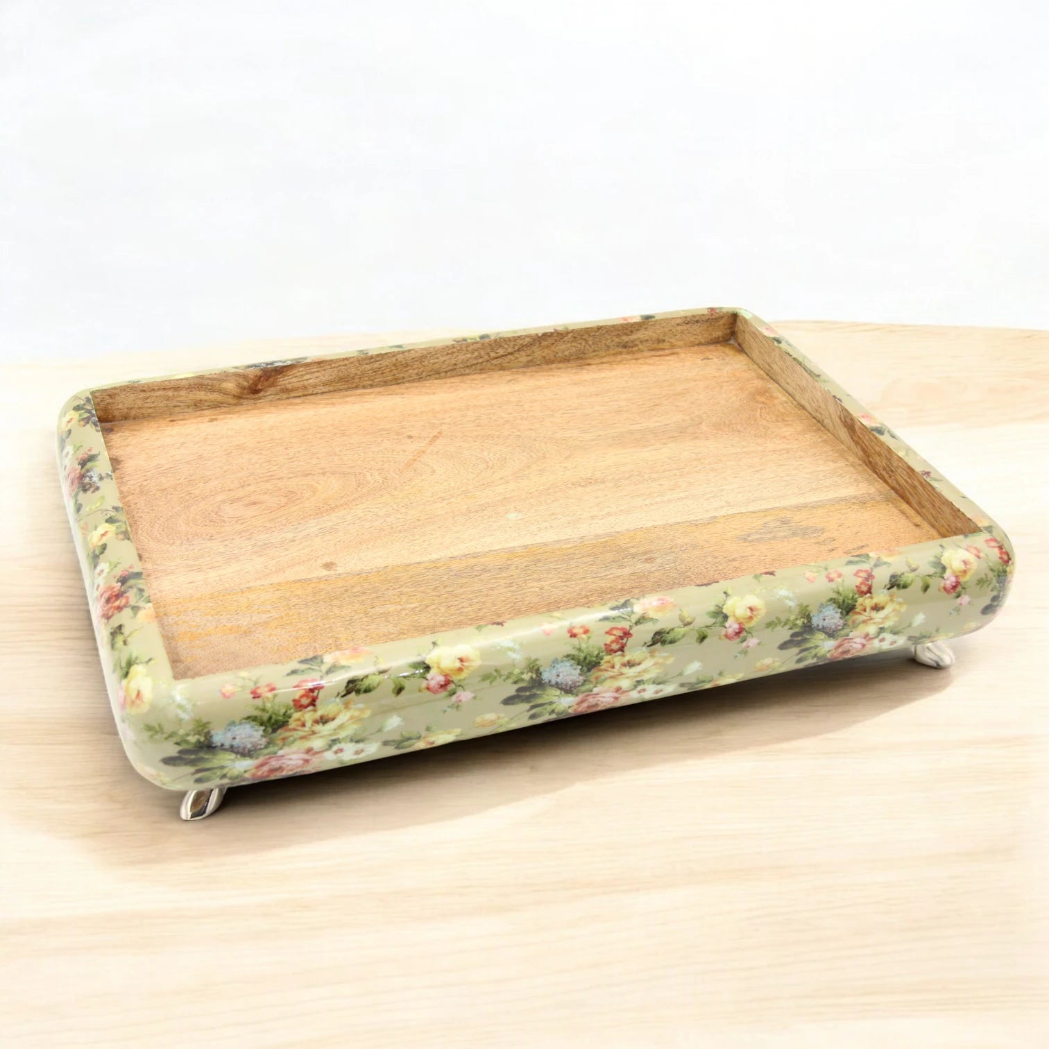 Elegant Floral Wooden Serving Tray with Hammered Metal Top – Decorative Footed Display Stand for Home, Parties & Gifting - Damoo