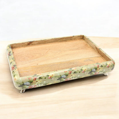 Elegant Floral Wooden Serving Tray with Hammered Metal Top – Decorative Footed Display Stand for Home, Parties & Gifting - Damoo