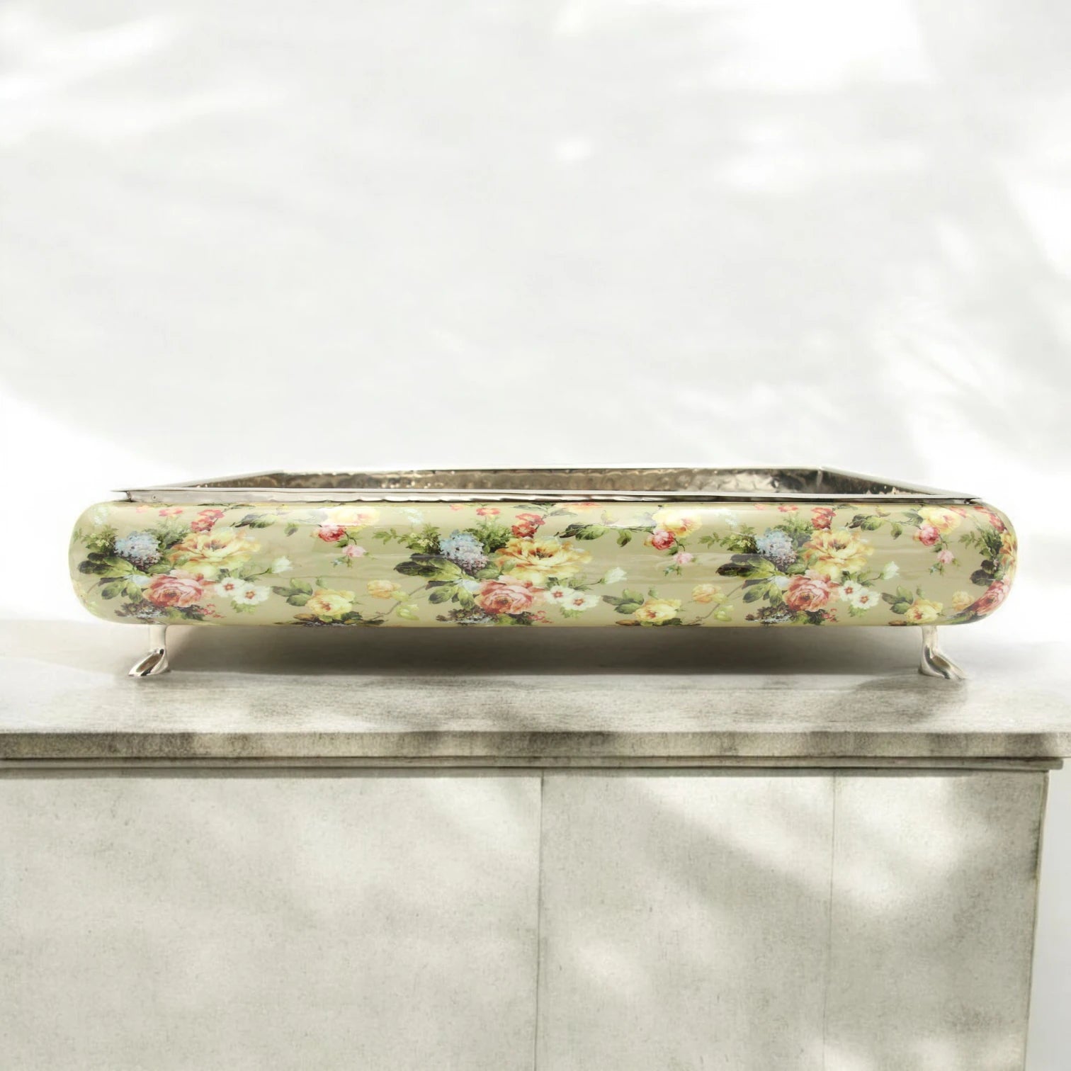 Elegant Floral Wooden Serving Tray with Hammered Metal Top – Decorative Footed Display Stand for Home, Parties & Gifting - Damoo