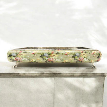 Elegant Floral Wooden Serving Tray with Hammered Metal Top – Decorative Footed Display Stand for Home, Parties & Gifting - Damoo