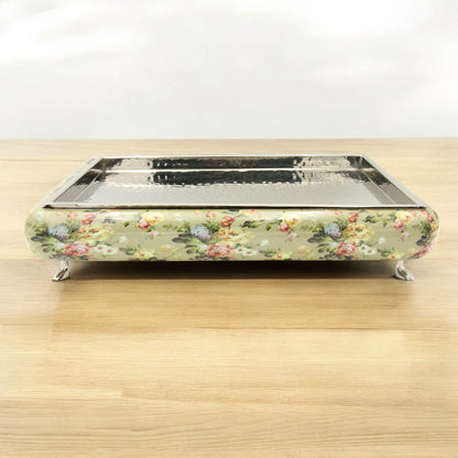Elegant Floral Wooden Serving Tray with Hammered Metal Top – Decorative Footed Display Stand for Home, Parties & Gifting - Damoo