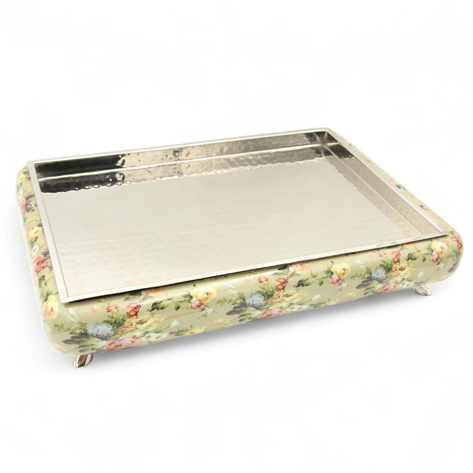 Elegant Floral Wooden Serving Tray with Hammered Metal Top – Decorative Footed Display Stand for Home, Parties & Gifting - Damoo