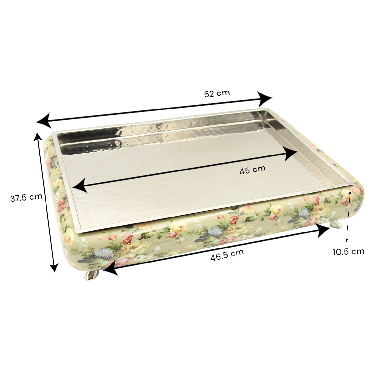 Elegant Floral Wooden Serving Tray with Hammered Metal Top – Decorative Footed Display Stand for Home, Parties & Gifting - Damoo