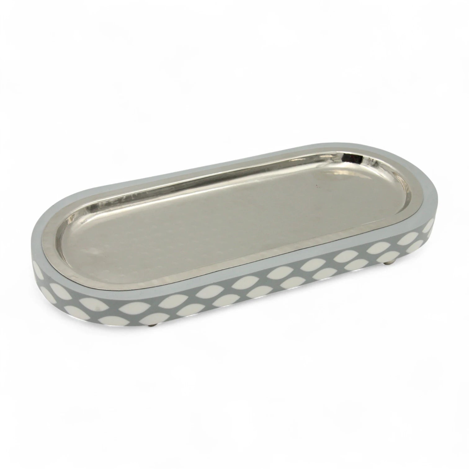 Elegant Oval Metal-Look Serving Tray with Grey Pattern & Decorative Ball Feet – Stylish Platter for Food Presentation & Home Décor - Damoo