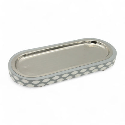 Elegant Oval Metal-Look Serving Tray with Grey Pattern & Decorative Ball Feet – Stylish Platter for Food Presentation & Home Décor - Damoo