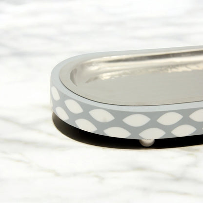 Elegant Oval Metal-Look Serving Tray with Grey Pattern & Decorative Ball Feet – Stylish Platter for Food Presentation & Home Décor - Damoo