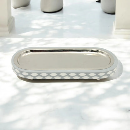 Elegant Oval Metal-Look Serving Tray with Grey Pattern & Decorative Ball Feet – Stylish Platter for Food Presentation & Home Décor - Damoo