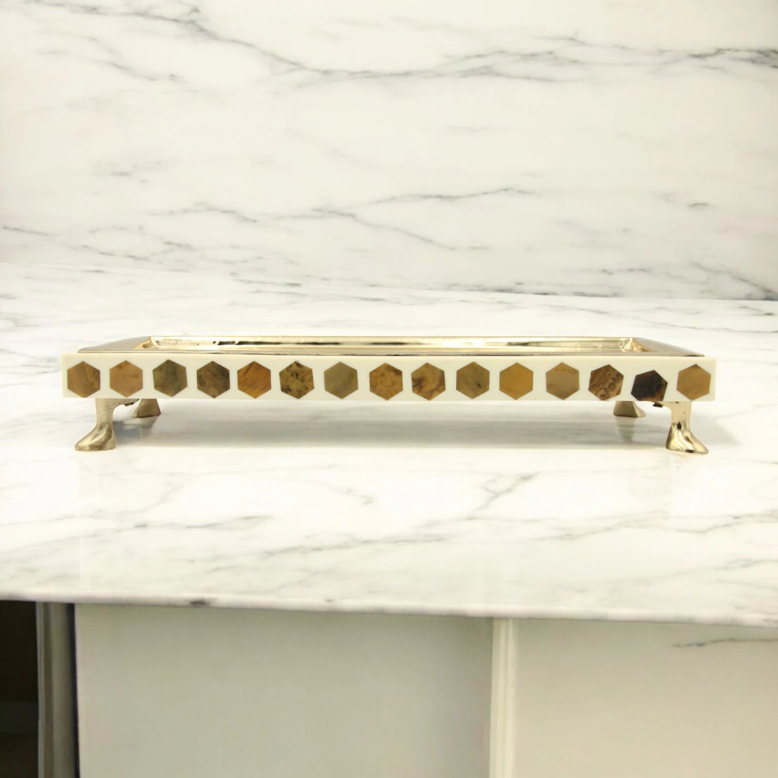 Elegant Rectangular Gold Metal-Look Serving Tray with Cream Base & Brown Geometric Design – Decorative Platter with Raised Feet for Stylish Food Presentation & Home Décor - Damoo
