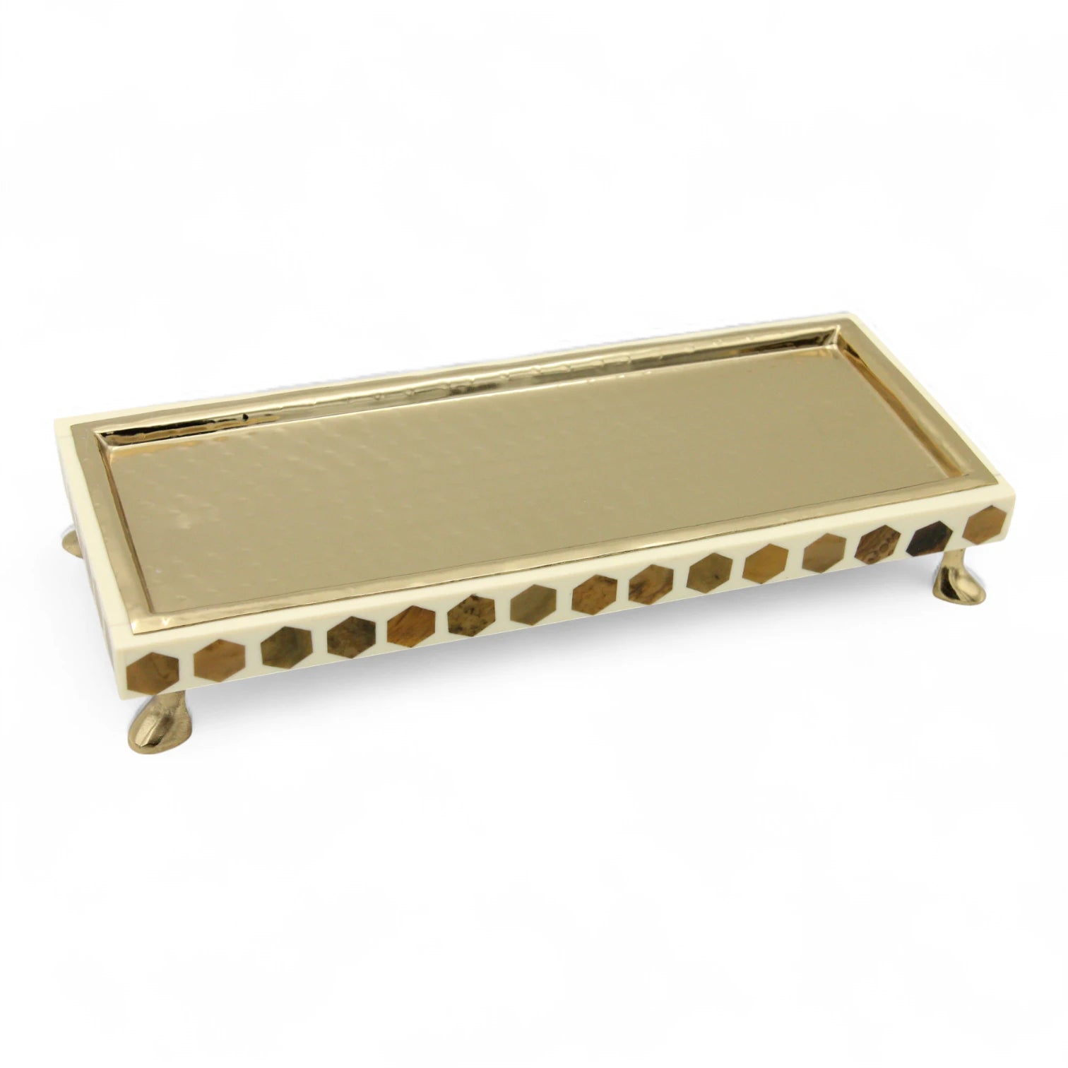 Elegant Rectangular Gold Metal-Look Serving Tray with Cream Base & Brown Geometric Design – Decorative Platter with Raised Feet for Stylish Food Presentation & Home Décor - Damoo