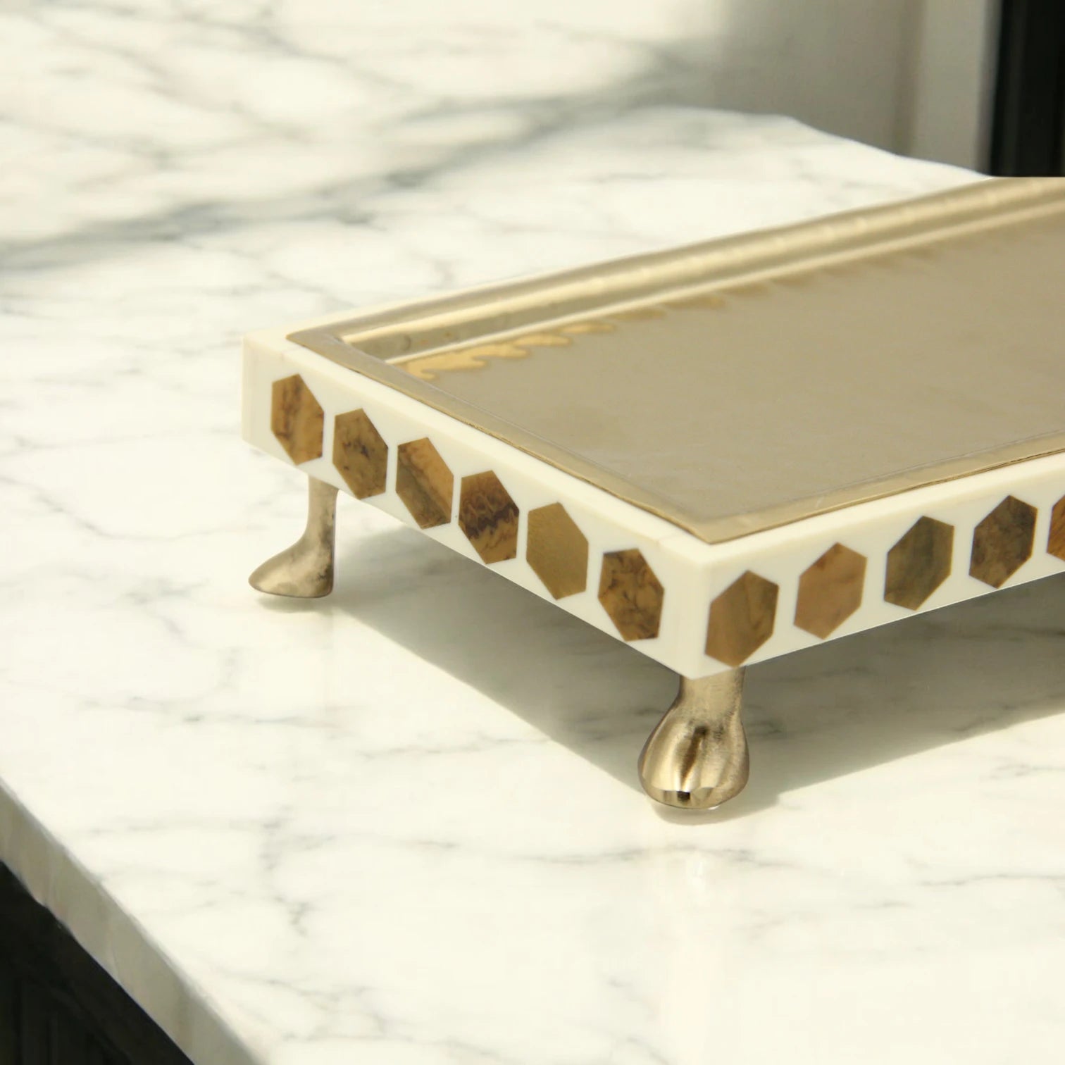 Elegant Rectangular Gold Metal-Look Serving Tray with Cream Base & Brown Geometric Design – Decorative Platter with Raised Feet for Stylish Food Presentation & Home Décor - Damoo