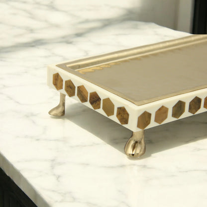 Elegant Rectangular Gold Metal-Look Serving Tray with Cream Base & Brown Geometric Design – Decorative Platter with Raised Feet for Stylish Food Presentation & Home Décor - Damoo