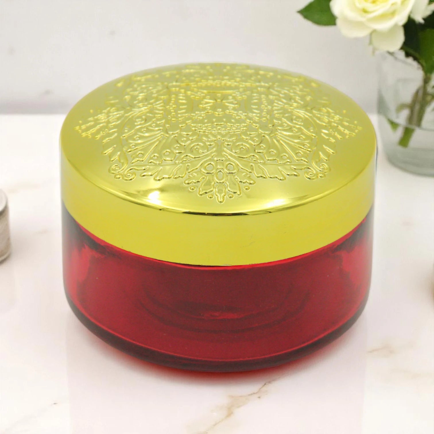 Elegant Semi-Clear Red Bakhoor Jar with Gold Lid 200ML – Luxury Storage for Oud, Bakhoor & More - Damoo