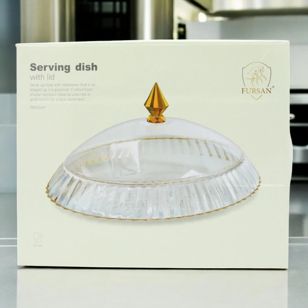Elegant Shatter-Resistant Acrylic Serving Dish with Lid – 38x31 cm | Gold Motif Decorative Tableware for Dining & Gifting - Damoo