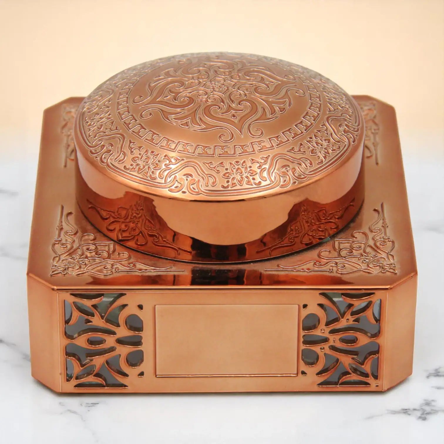 Elegant Square Bronze Incense Powder Jar 180 ML – Arabic Style Bakhoor Storage Container with Intricate Cutout Design & Dome Lid - Damoo
