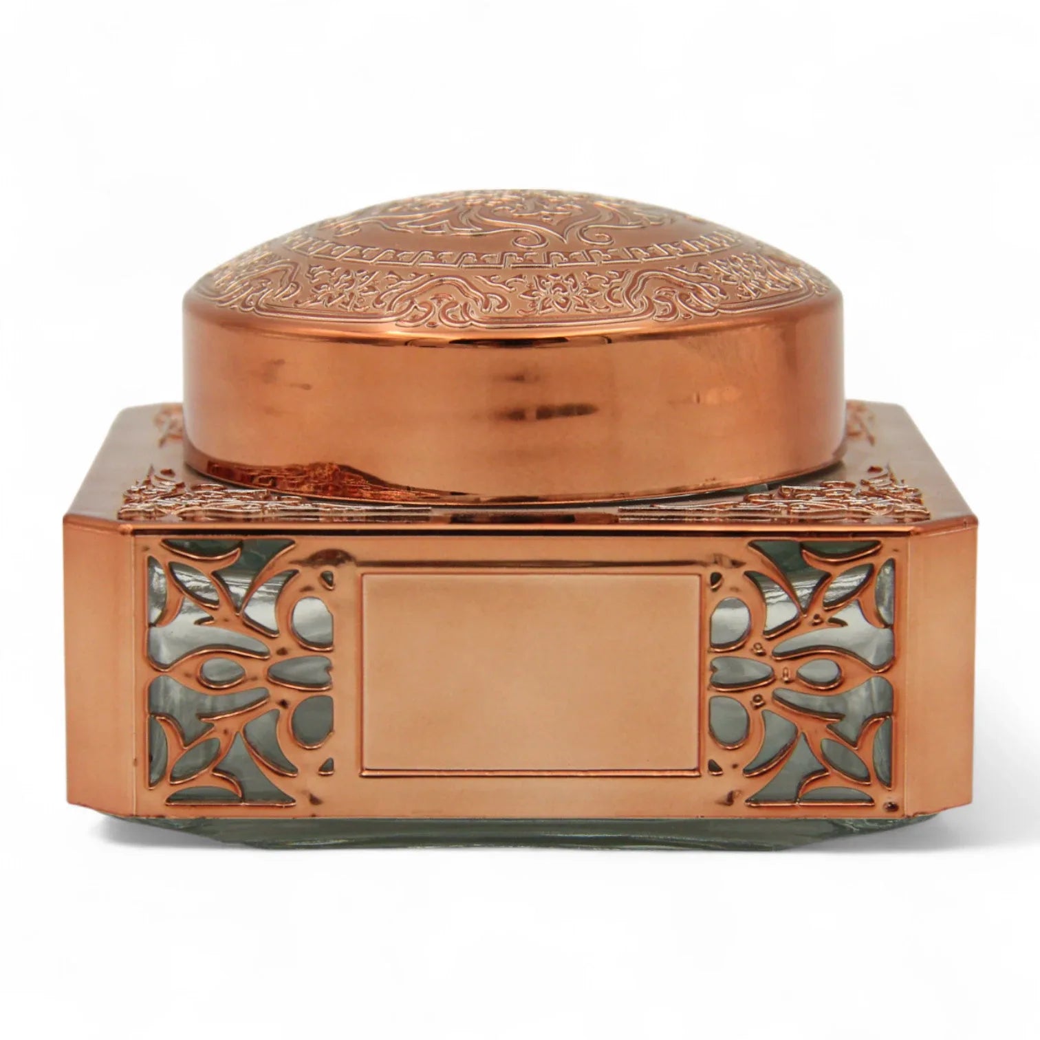 Elegant Square Bronze Incense Powder Jar 180 ML – Arabic Style Bakhoor Storage Container with Intricate Cutout Design & Dome Lid - Damoo