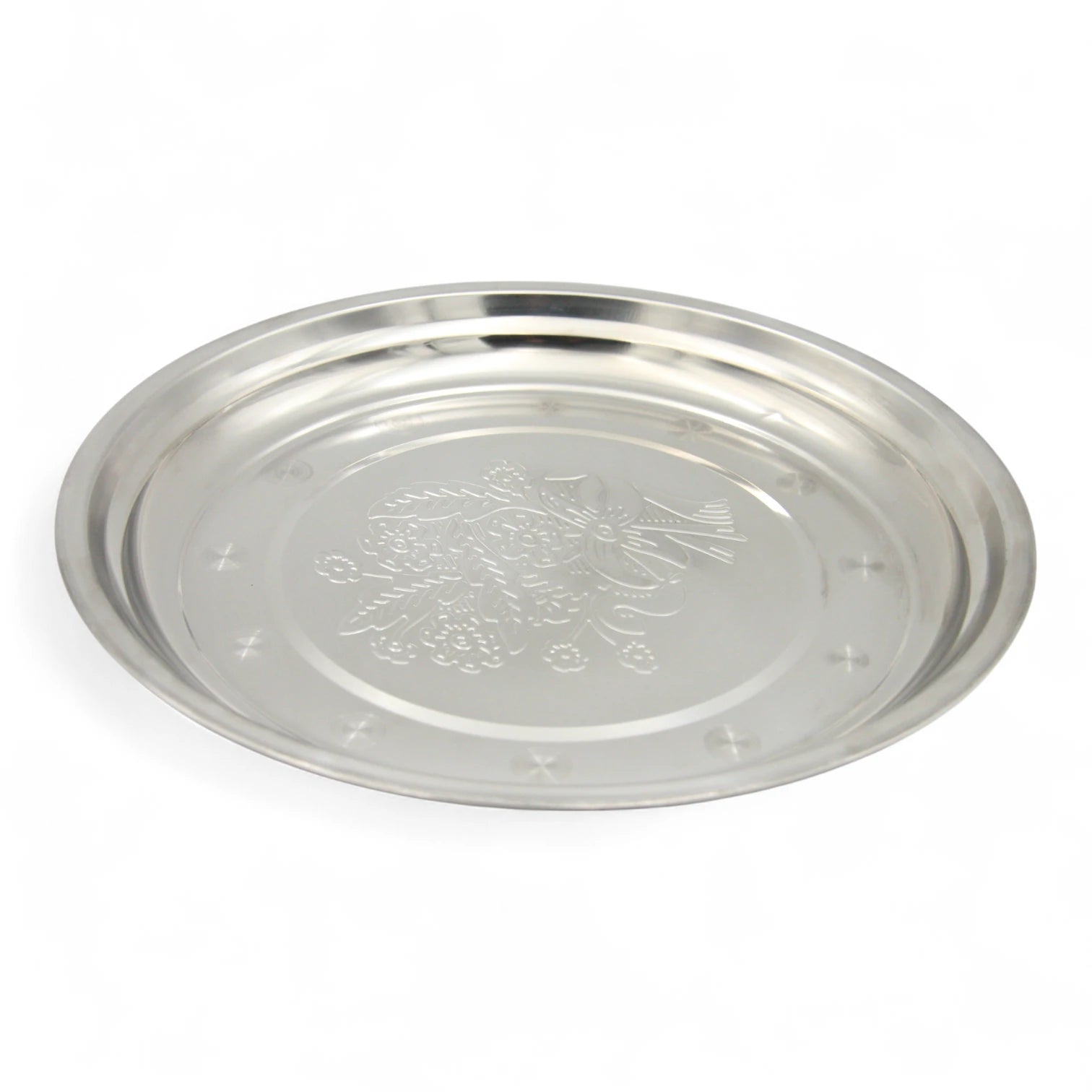 Elegant Stainless Steel Embossed Serving Plate – Round Silver Tray for Snacks, Fruits & Sweets – Durable, Rust-Resistant & Decorative Design for Home or Events - Damoo