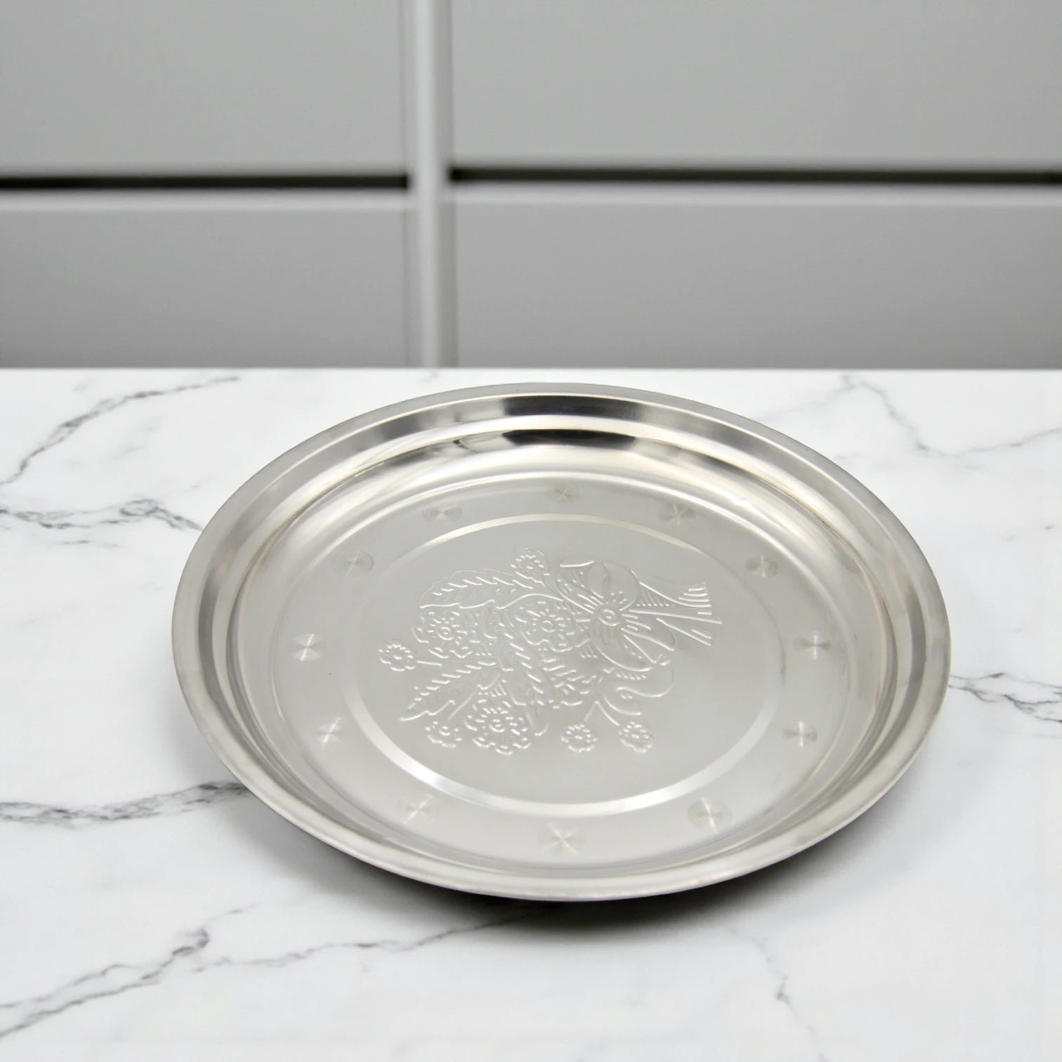 Elegant Stainless Steel Embossed Serving Plate – Round Silver Tray for Snacks, Fruits & Sweets – Durable, Rust-Resistant & Decorative Design for Home or Events - Damoo