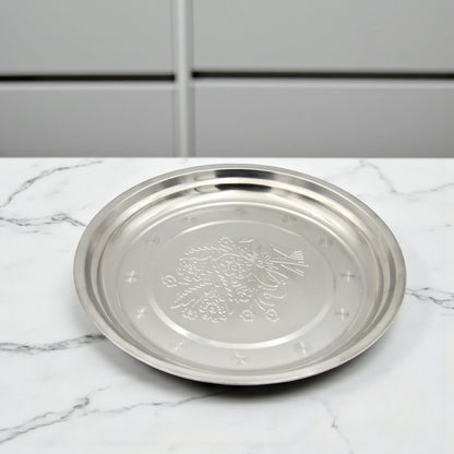 Elegant Stainless Steel Embossed Serving Plate – Round Silver Tray for Snacks, Fruits & Sweets – Durable, Rust-Resistant & Decorative Design for Home or Events - Damoo