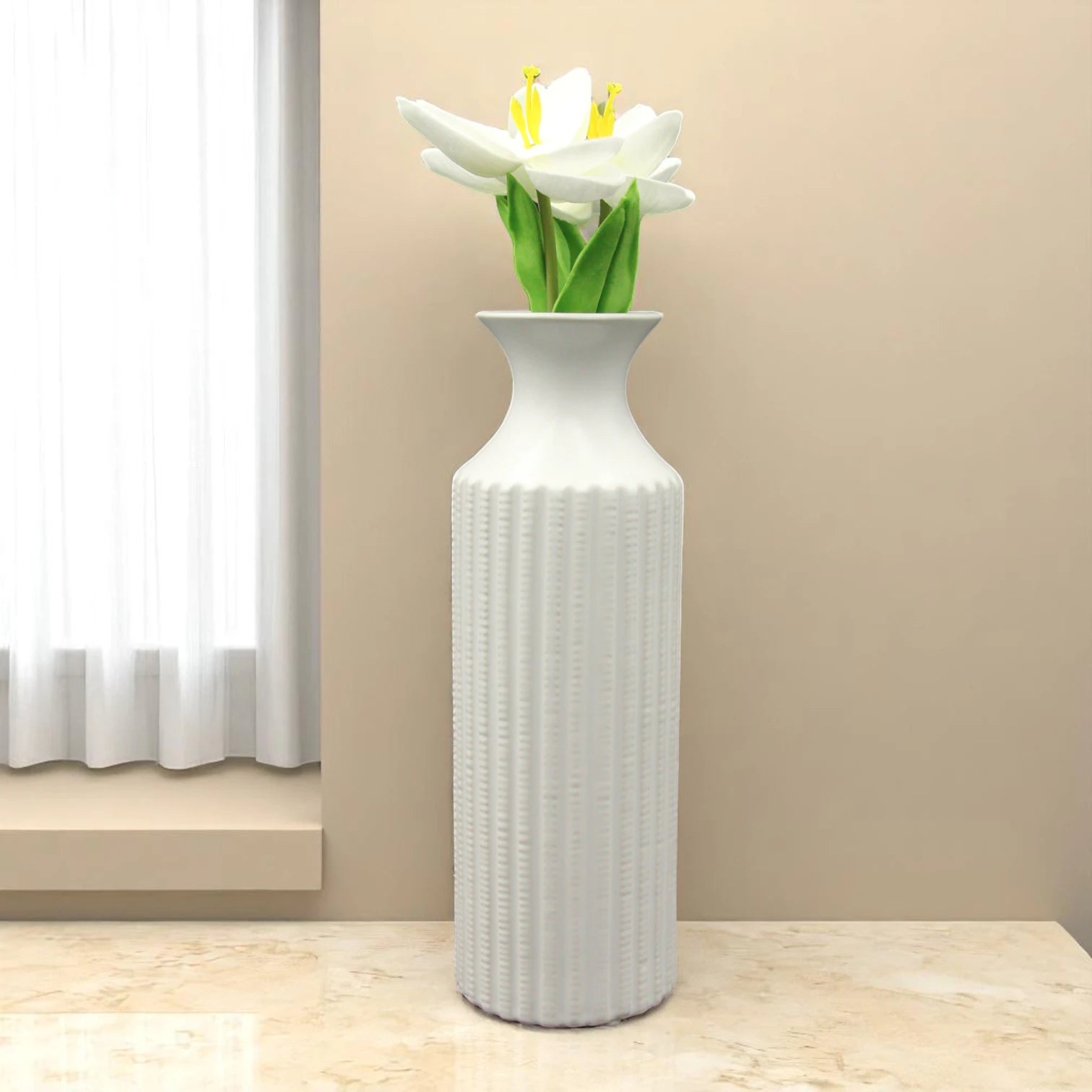 Elegant Tall Fluted Ceramic Flower Vase – Modern Minimalist Floor Vase for Pampas & Dried Flowers – Lightweight Decorative Accent for Home, Office & Events - Damoo