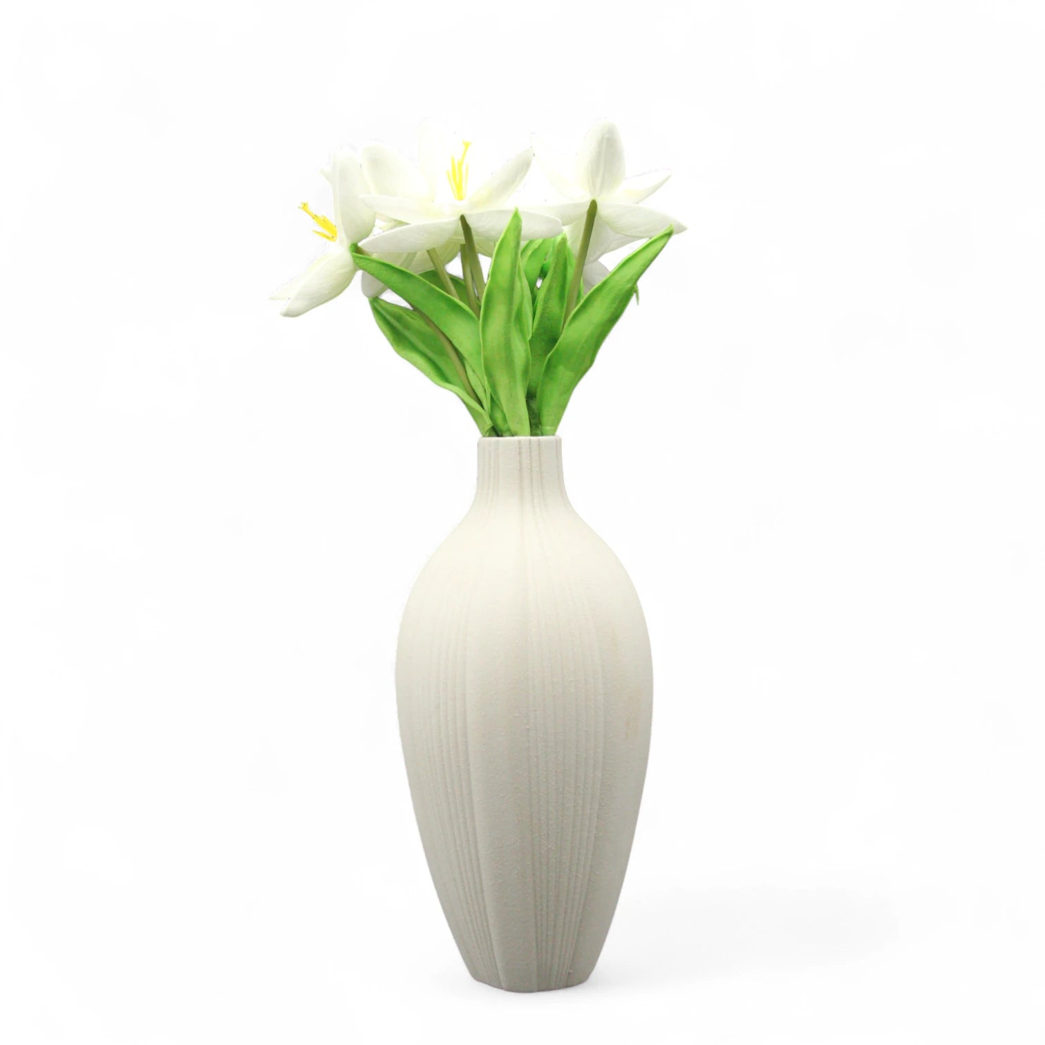 Elegant Tall White Ceramic Vase with Textured Vertical Lines – Minimalist Matte Pottery Accent for Living Room, Office, Shelf & Tabletop Home Decor - Damoo