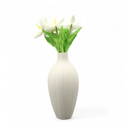 Elegant Tall White Ceramic Vase with Textured Vertical Lines – Minimalist Matte Pottery Accent for Living Room, Office, Shelf & Tabletop Home Decor - Damoo