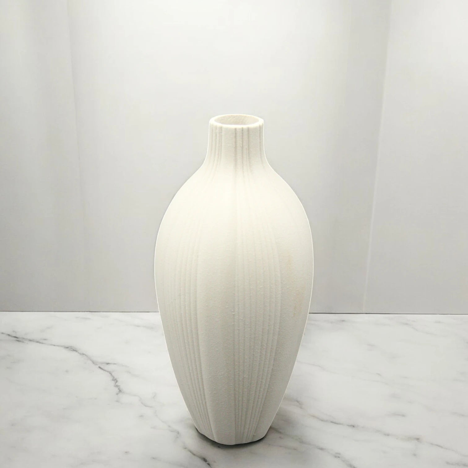 Elegant Tall White Ceramic Vase with Textured Vertical Lines – Minimalist Matte Pottery Accent for Living Room, Office, Shelf & Tabletop Home Decor - Damoo