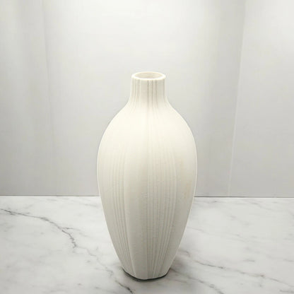 Elegant Tall White Ceramic Vase with Textured Vertical Lines – Minimalist Matte Pottery Accent for Living Room, Office, Shelf & Tabletop Home Decor - Damoo