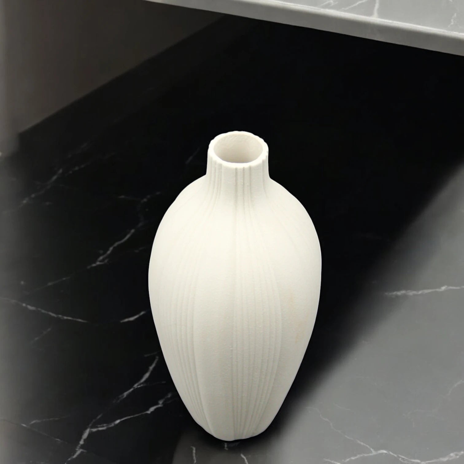 Elegant Tall White Ceramic Vase with Textured Vertical Lines – Minimalist Matte Pottery Accent for Living Room, Office, Shelf & Tabletop Home Decor - Damoo