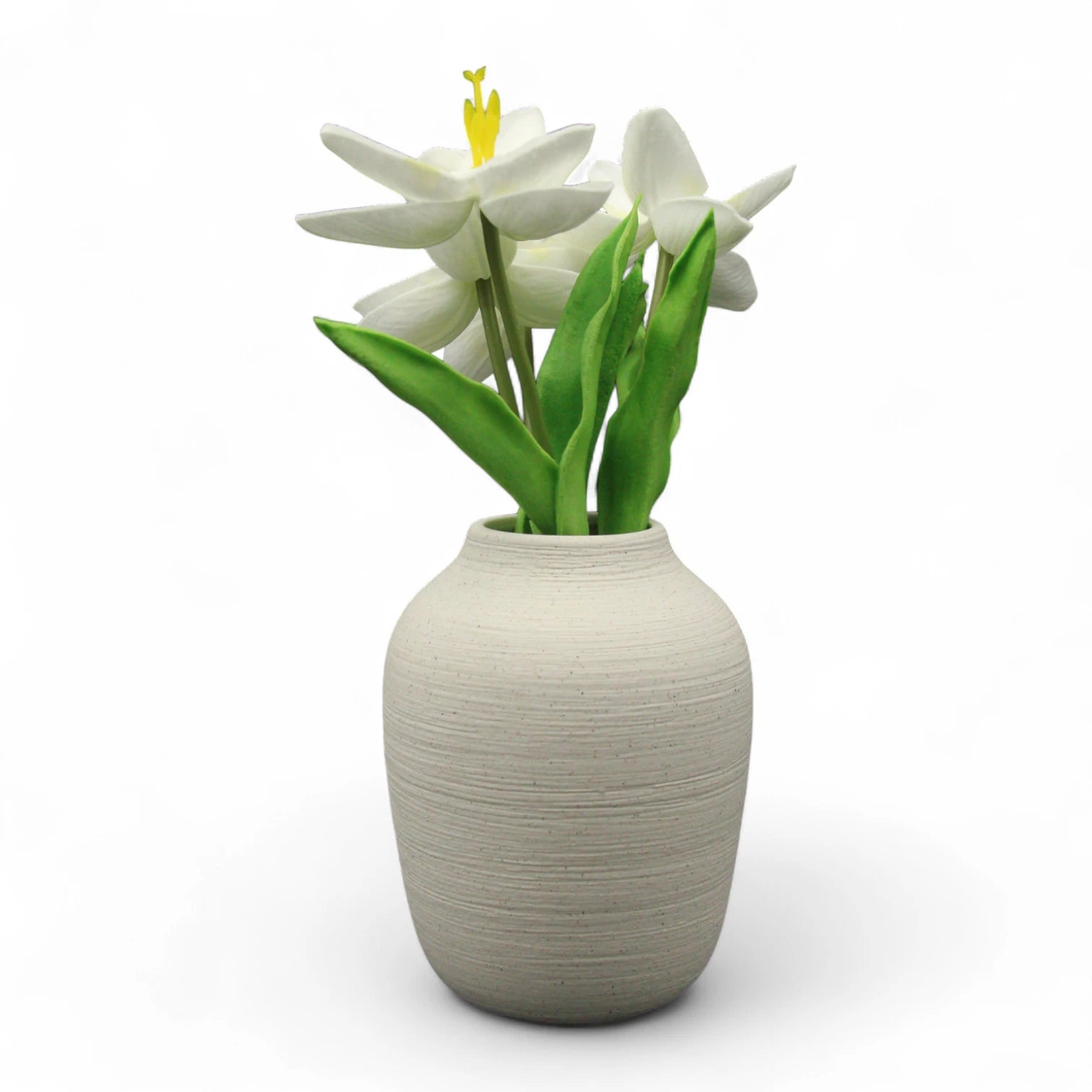 Elegant White Artificial Flowers in Textured Round Ceramic Vase – Timeless Tabletop Decor - Damoo