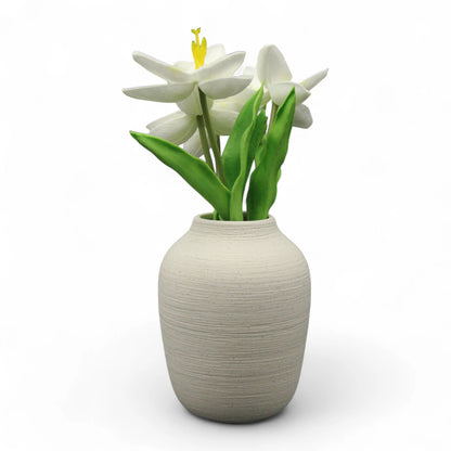 Elegant White Artificial Flowers in Textured Round Ceramic Vase – Timeless Tabletop Decor - Damoo