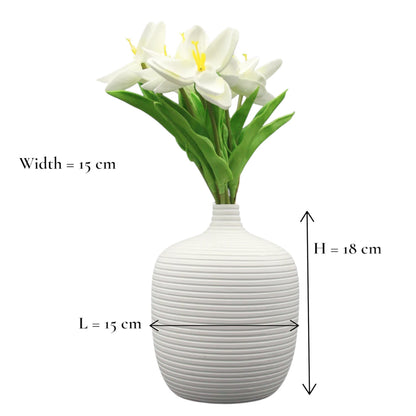 Elegant White Ceramic Vase with Textured Lines – Minimalist Matte Pottery Accent for Living Room, Office, Shelf & Tabletop Home Decor - Damoo