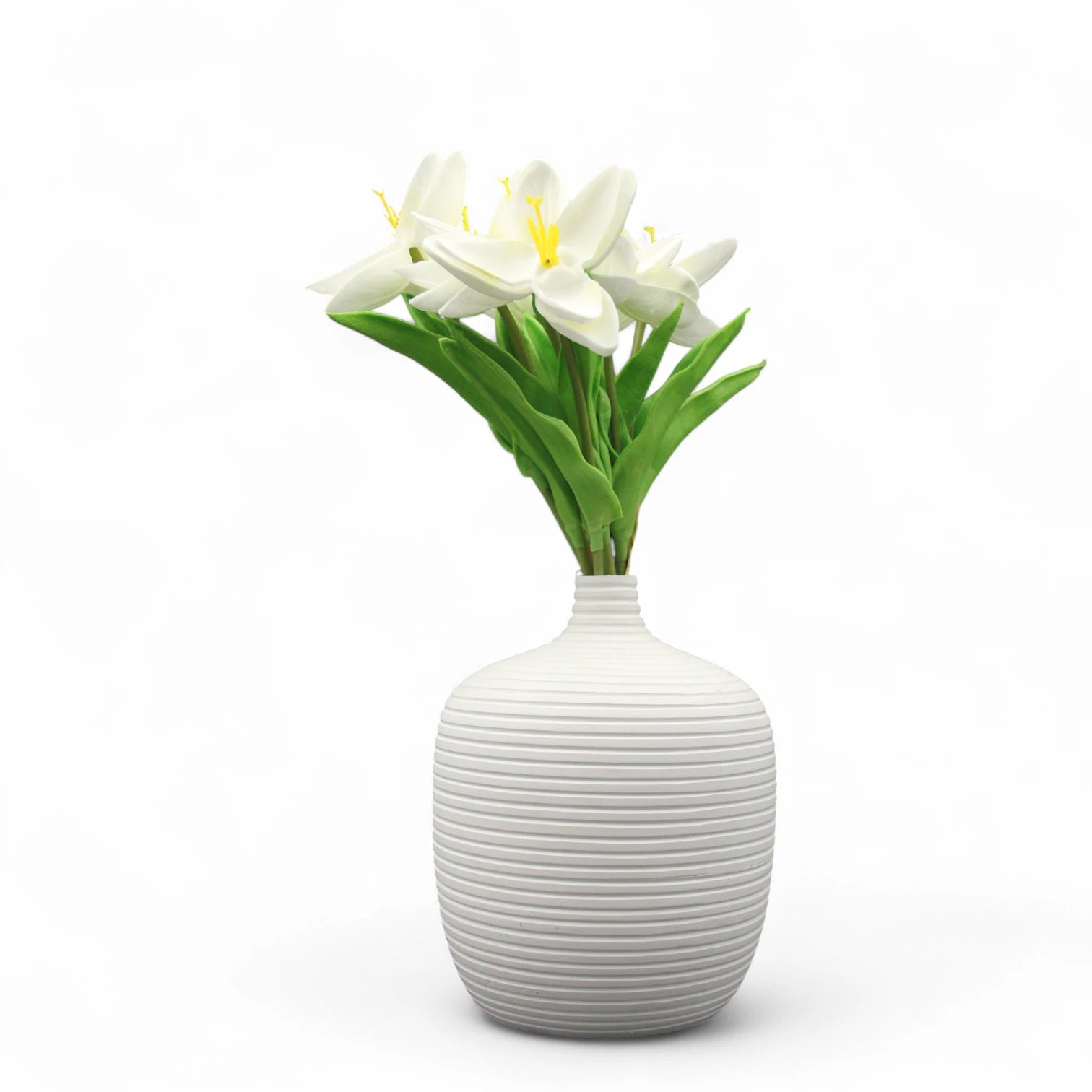 Elegant White Ceramic Vase with Textured Lines – Minimalist Matte Pottery Accent for Living Room, Office, Shelf & Tabletop Home Decor - Damoo