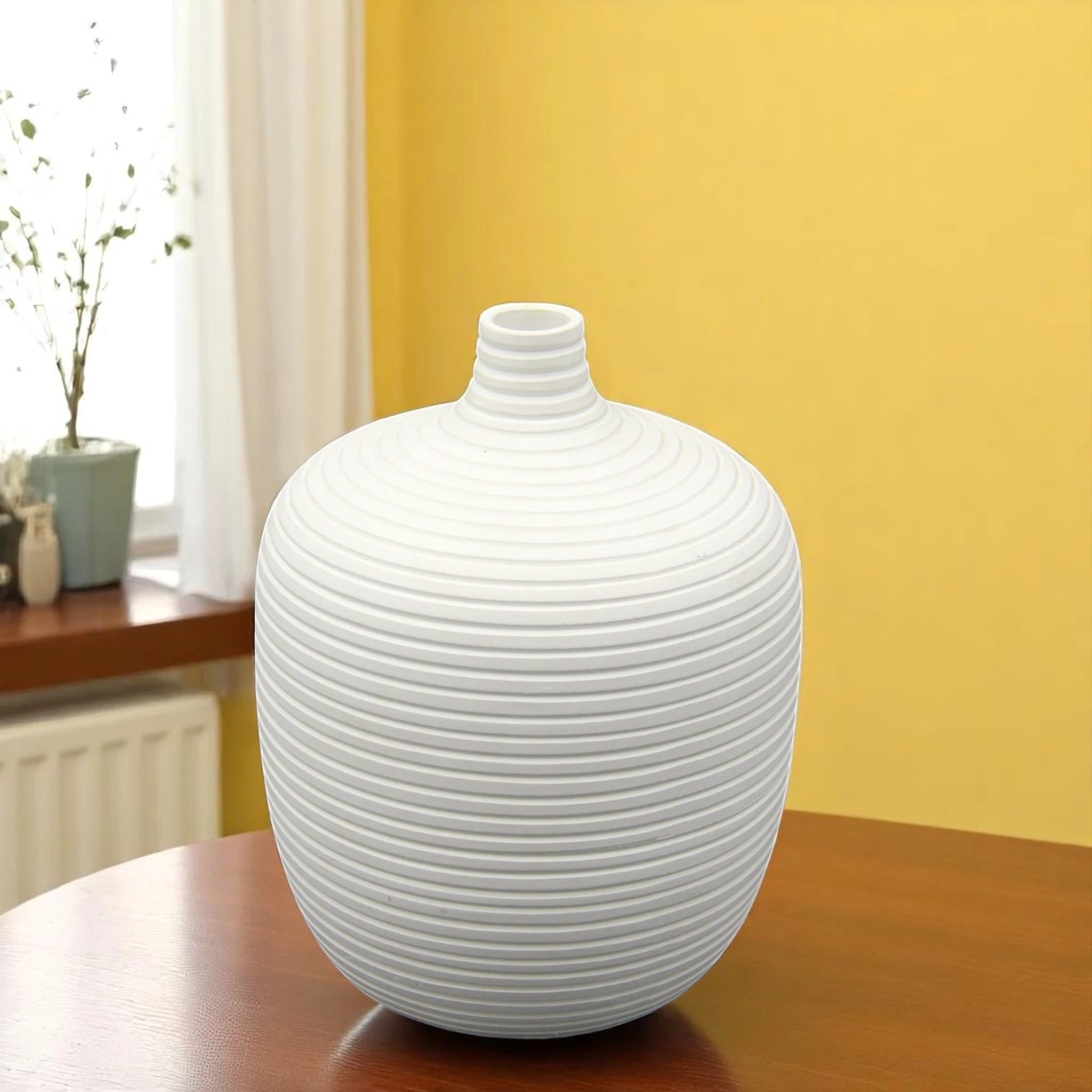 Elegant White Ceramic Vase with Textured Lines – Minimalist Matte Pottery Accent for Living Room, Office, Shelf & Tabletop Home Decor - Damoo