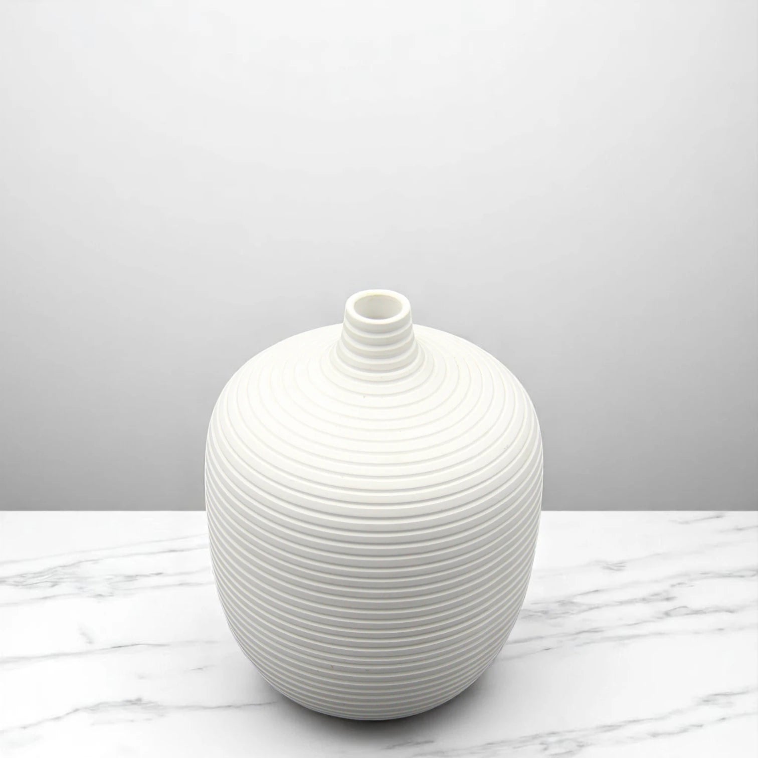 Elegant White Ceramic Vase with Textured Lines – Minimalist Matte Pottery Accent for Living Room, Office, Shelf & Tabletop Home Decor - Damoo