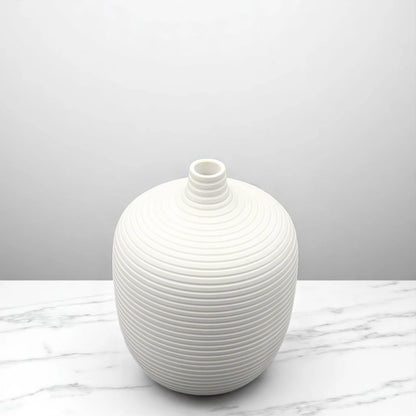Elegant White Ceramic Vase with Textured Lines – Minimalist Matte Pottery Accent for Living Room, Office, Shelf & Tabletop Home Decor - Damoo