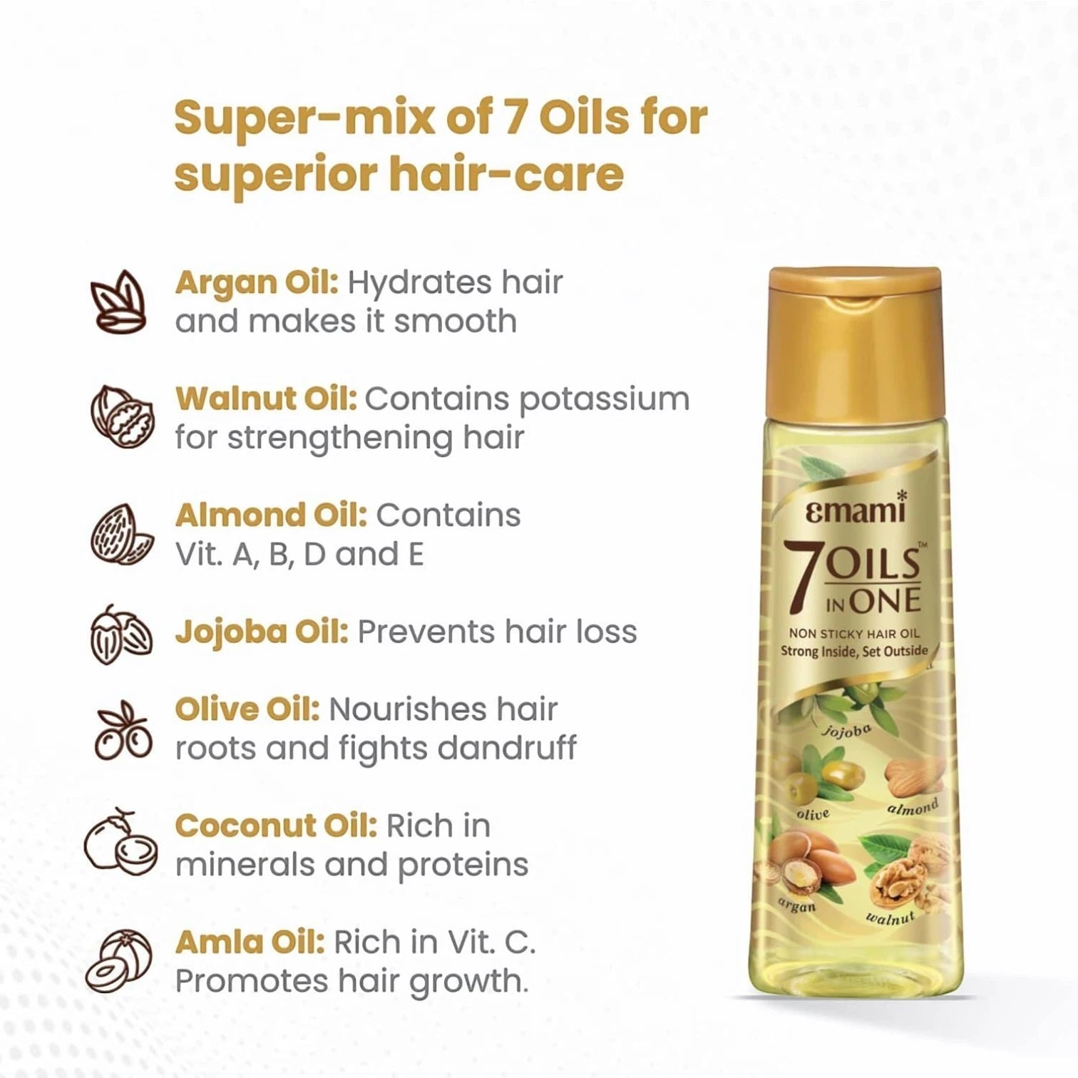 Emami 7-in-1 Ayurvedic Hair Oil – 100ml | Strengthens, Repairs & Nourishes with Argan, Almond, Amla & More | Anti-Dandruff, Non-Sticky Hair Oil for All Hair Types - Damoo