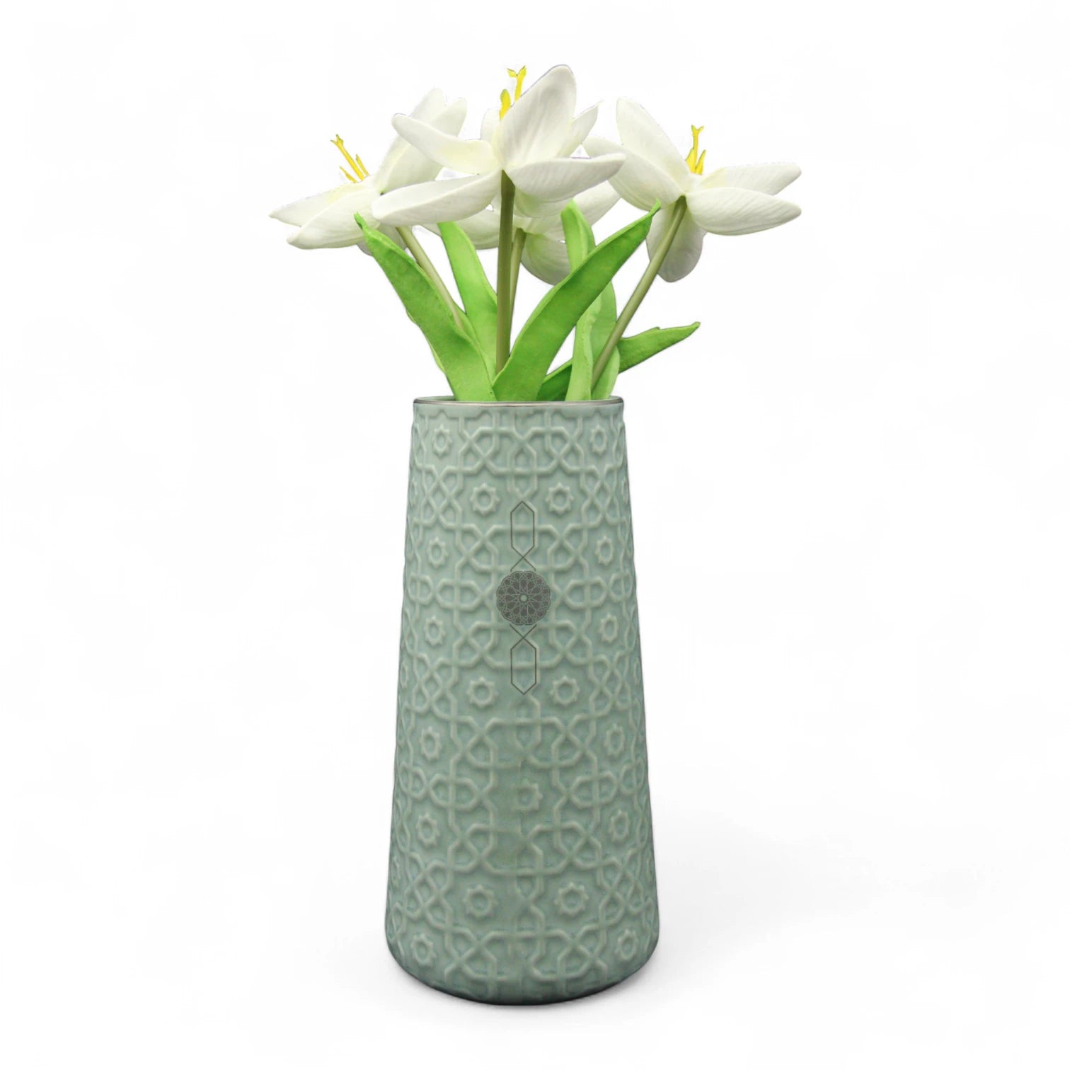 Embossed Ceramic Vase with White Artificial Lilies | Vintage Moroccan Pattern Home Decor - Damoo