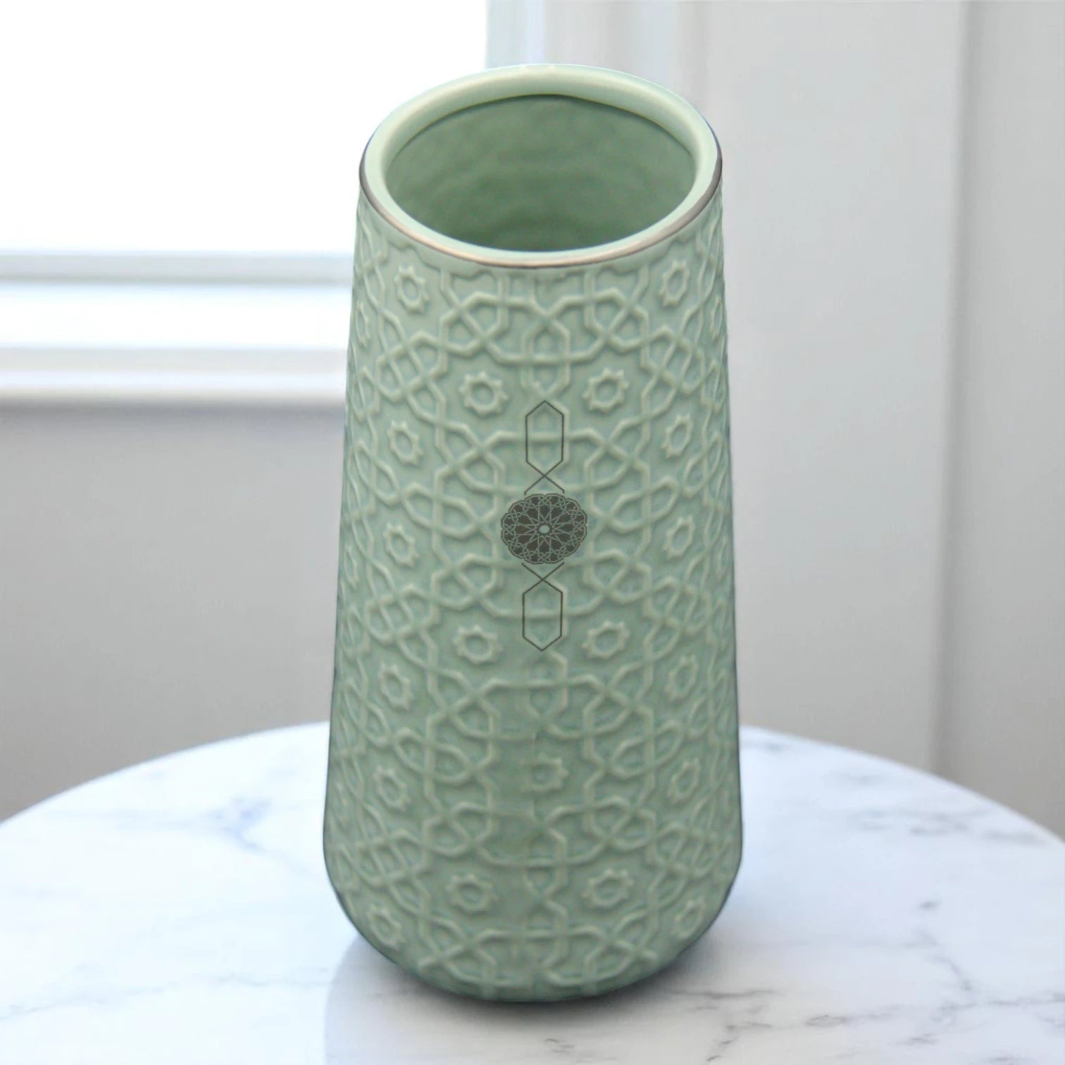Embossed Ceramic Vase with White Artificial Lilies | Vintage Moroccan Pattern Home Decor - Damoo