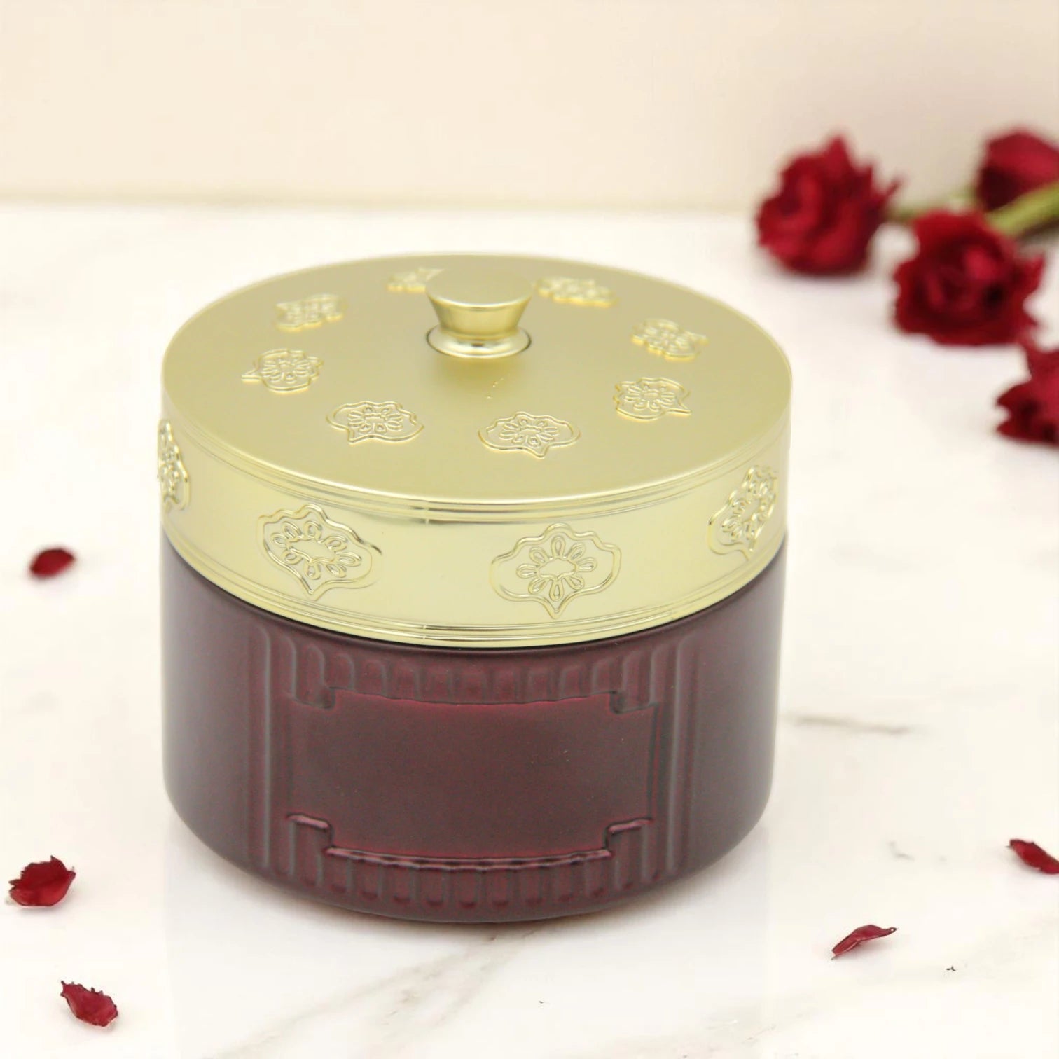 Empty Bakhoor Storage Jar 160ML – Elegant Red & Gold Glass Jar | EMPTY BAKHOOR JAR | BAKHOOR & OUD JAR | Decorative Multipurpose Container - Damoo