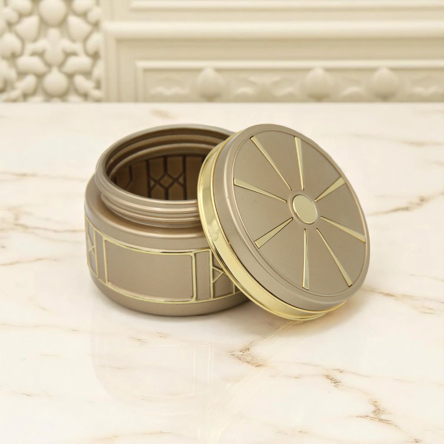 Empty Bakhoor Storage Jar 170ML – Beige Body with Gold Geometric Design & Lid - Elegant Incense Storage - Damoo