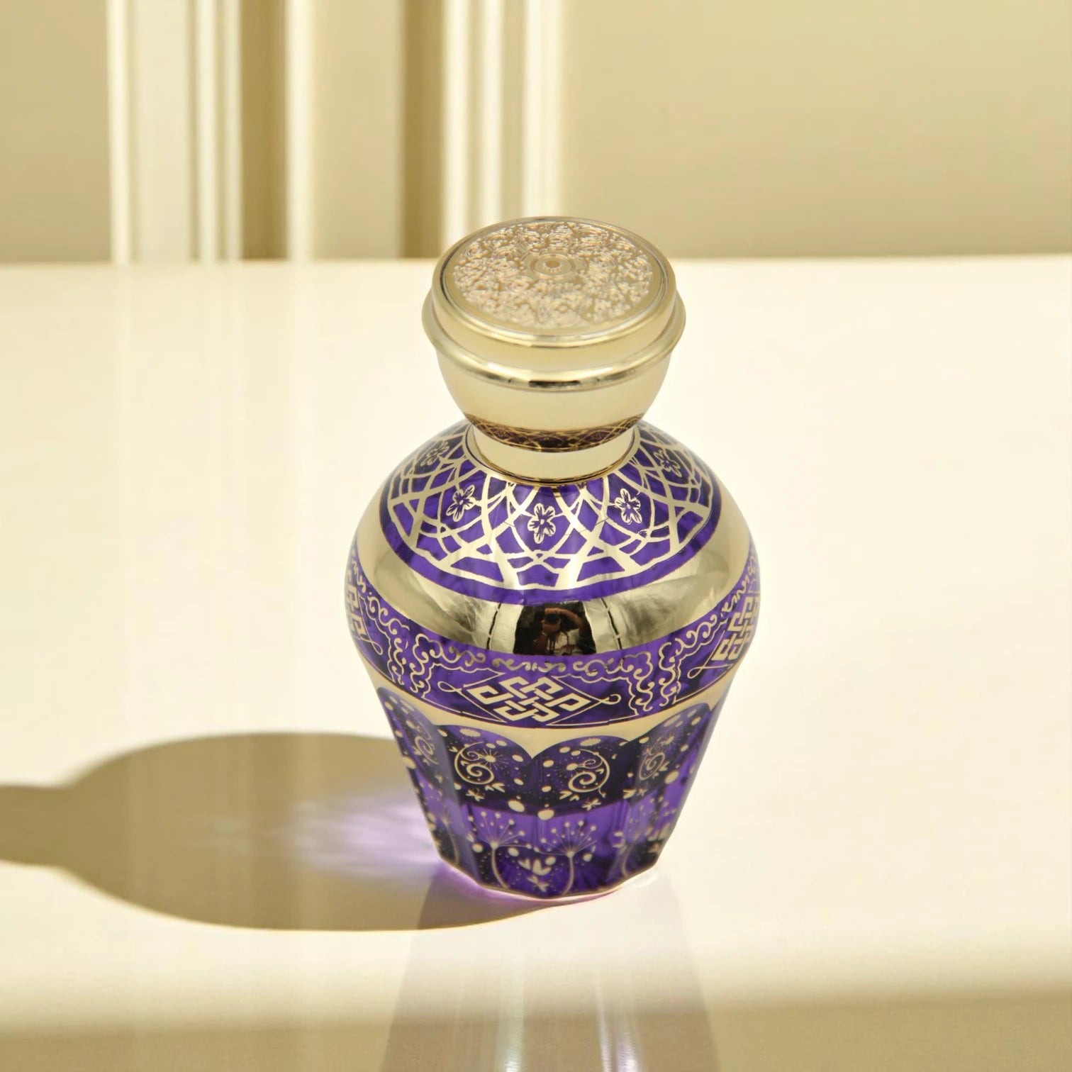 Empty Purple Glass Perfume Bottle 50ML – Elegant Refillable Atomizer with Gold Cap & Patterned Design | For Perfume, Sprays & Essential Oils - Damoo