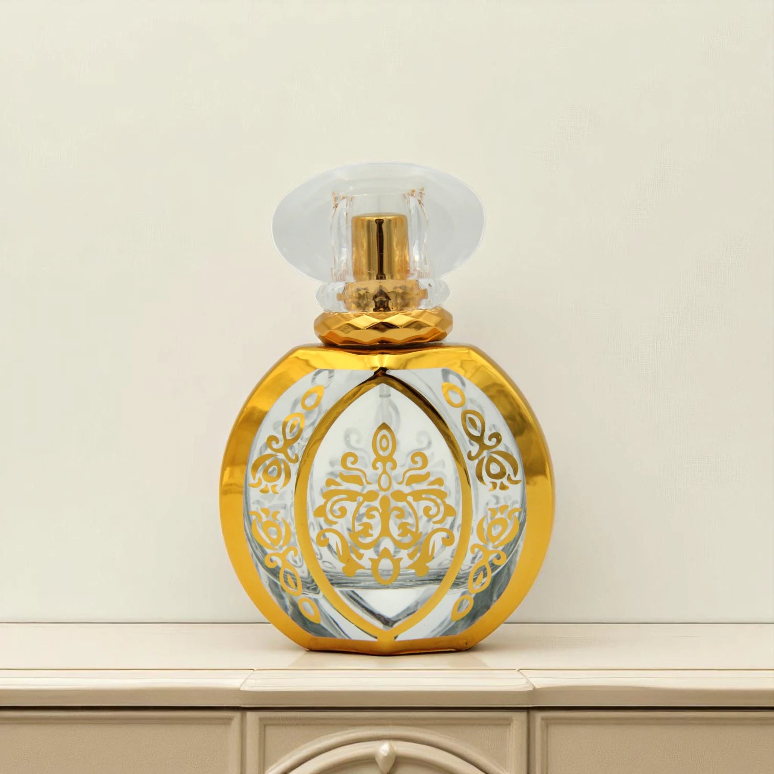Empty Refillable Perfume Bottle 50 ML – Clear Spray Bottle with Elegant Gold Pattern & Transparent Cap - Damoo