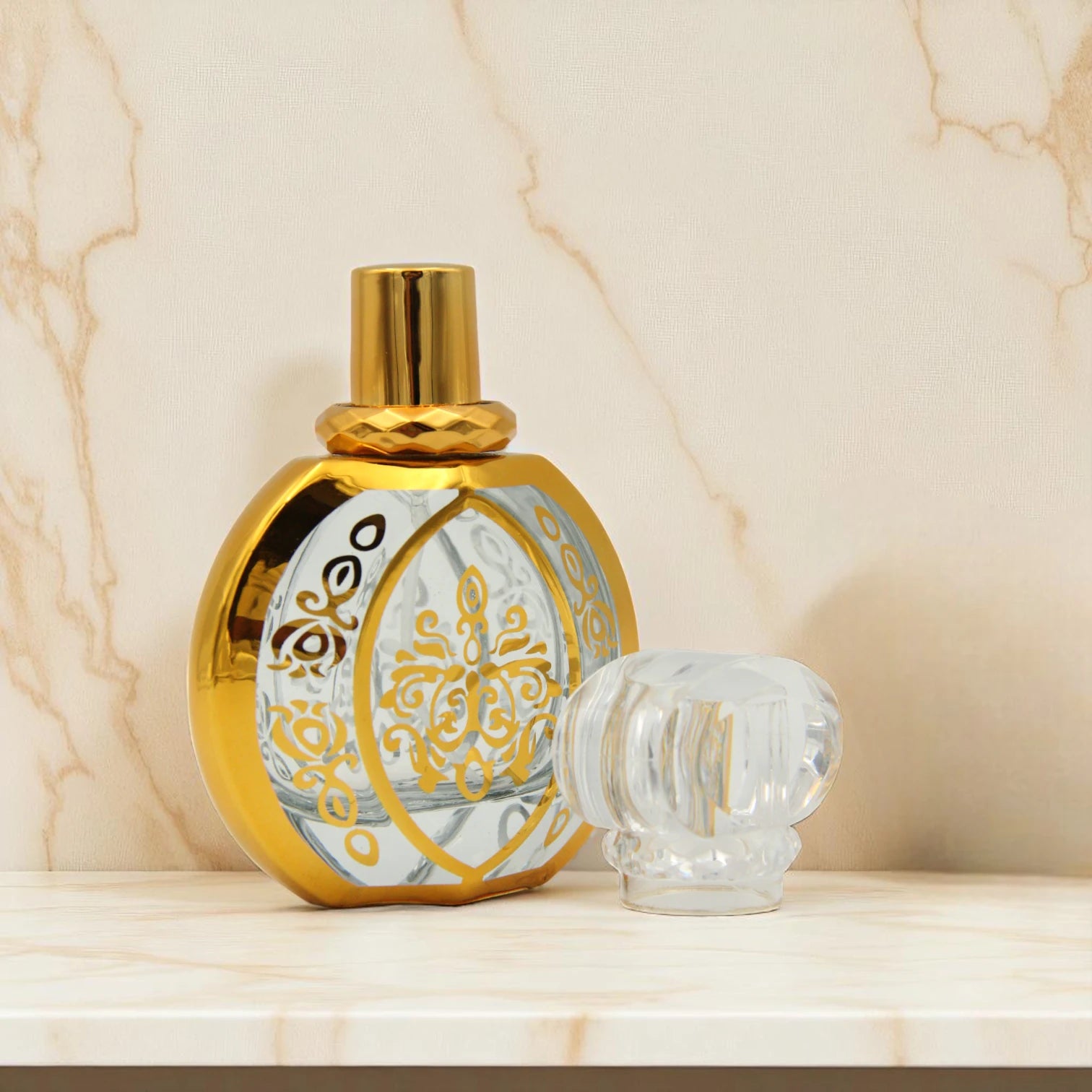 Empty Refillable Perfume Bottle 50 ML – Clear Spray Bottle with Elegant Gold Pattern & Transparent Cap - Damoo