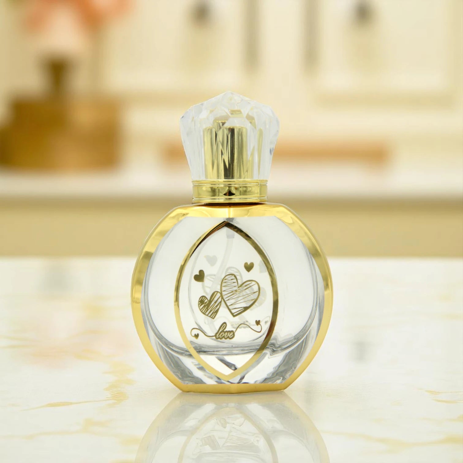Empty Refillable Perfume Bottle 50 ML – Clear Spray Bottle with Gold Heart Design & “Love” Print | Refillable Bottle for Fragrance & Essential Oils - Damoo