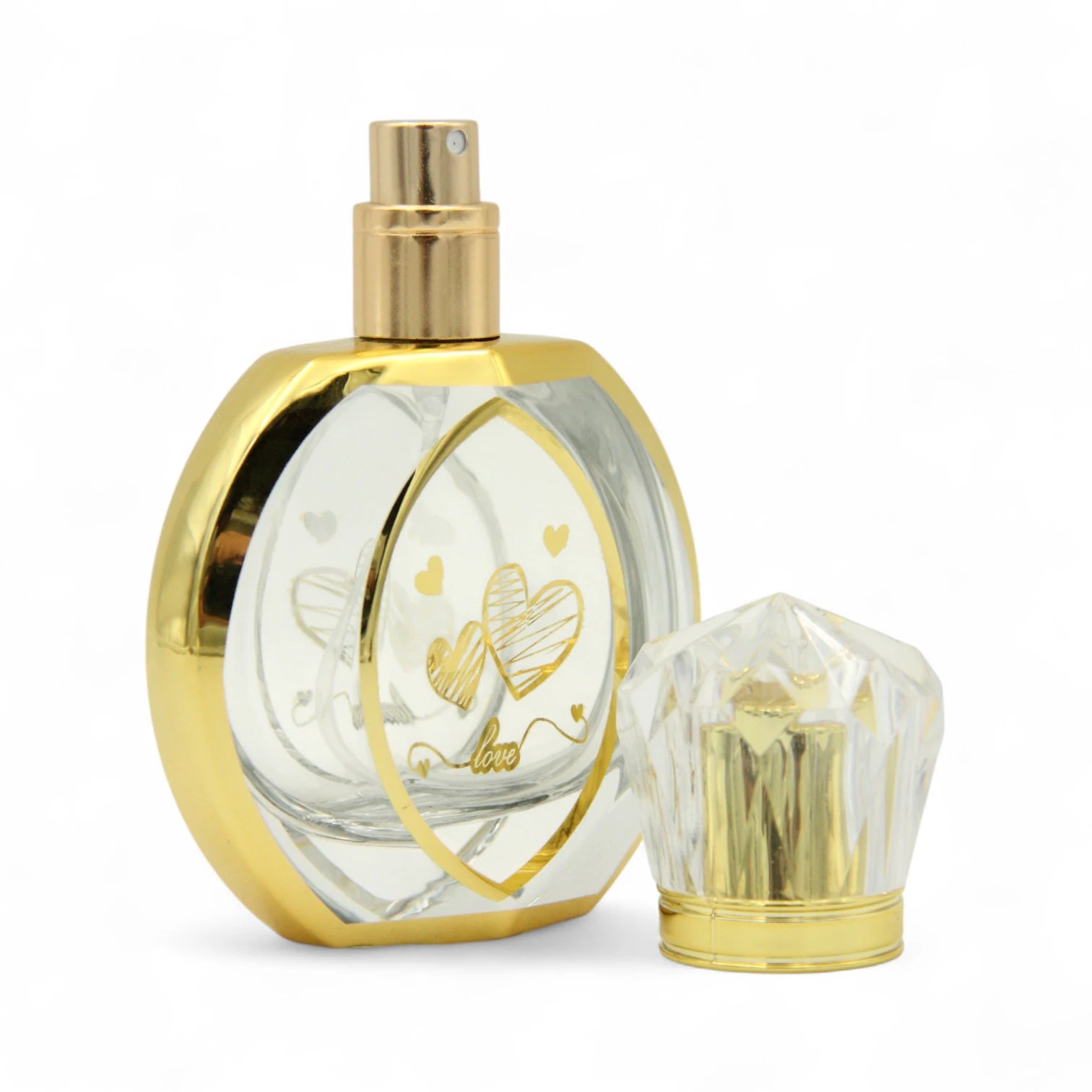 Empty Refillable Perfume Bottle 50 ML – Clear Spray Bottle with Gold Heart Design & “Love” Print | Refillable Bottle for Fragrance & Essential Oils - Damoo