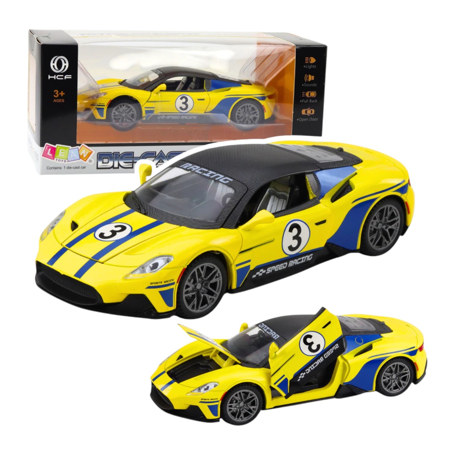 HCF 1:22 Scale Metal Diecast Pull Back Car with Spray, Music & Light – Yellow Sports Racing Car with Openable Doors, Hood, Engine Sound & LED Lights