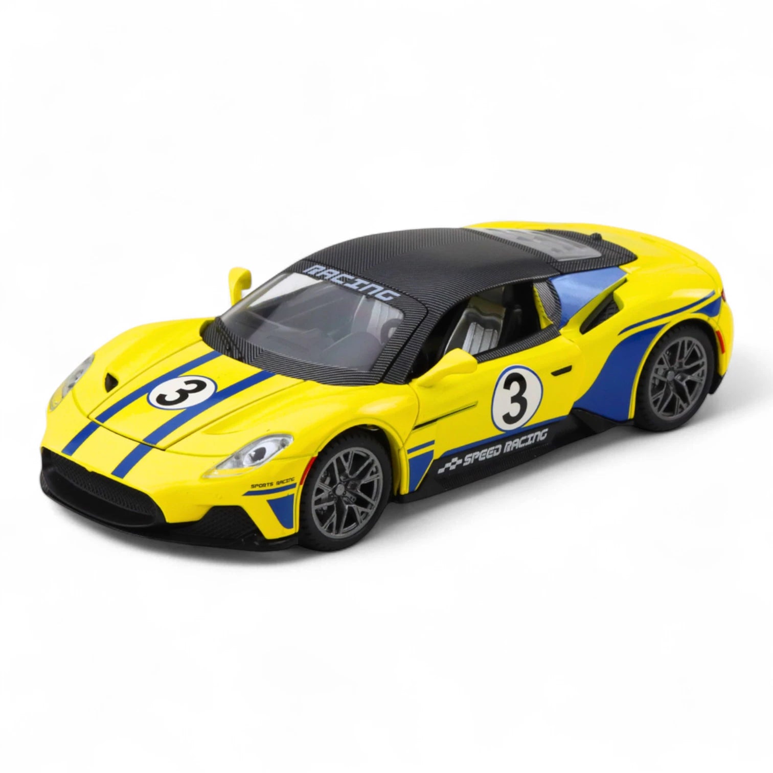 HCF 1:22 Scale Metal Diecast Pull Back Car with Spray, Music & Light – Yellow Sports Racing Car with Openable Doors, Hood, Engine Sound & LED Lights